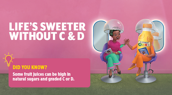Limit Nutri-Grade C and D drinks. Some fruit juices can be high in natural sugars and graded Nutri-Grade C or D.